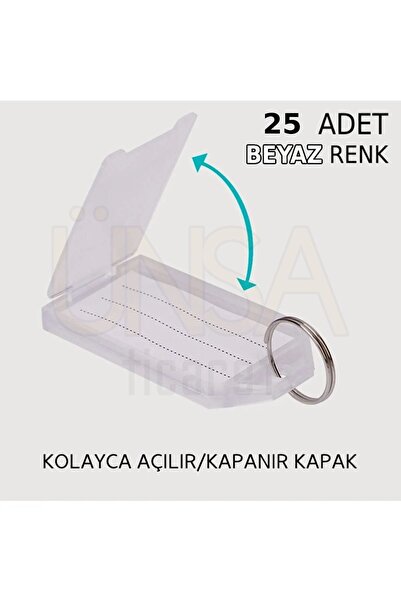 ÜNSA Anahtar 25x Anahtarlık Kapaklı Büyük Plastik Etiket Kimlik Isim Yazı Beyaz