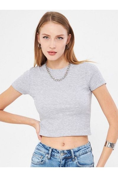 Irmak Kerekli Women's Gray Crew Neck Short Sleeve Badi Crop Cotton Bodysuit 4020