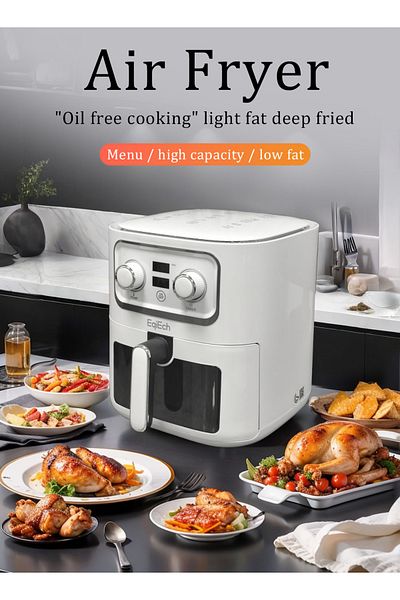EqiEch 10L Smart Knob Air Fryer, Low Fat, White, 1500W - Perfect for Family Dinners & Gatherings