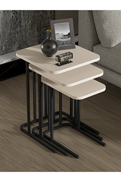 GOLDFALEZ Zigon Sehpa Metal Ayak 3'Lü Koltuk Yan Sehpa Zino Krem