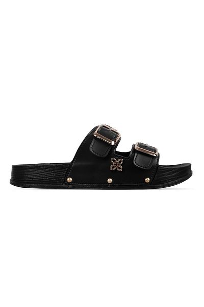 Lal Shoes & Bags Women's Double Striped Flower Detailed Slippers-Black