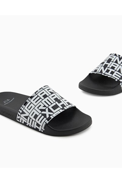 Armani Exchange Unisex Upper Surface Logo Patterned Comfortable Sole Black-White Sandals Xup004 Xv679-N814