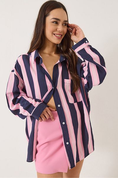 Bianco Lucci Women's V-Neck Striped Pocket Detailed Oversize Shirt 8036 60283160