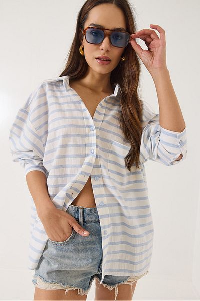 Bianco Lucci Women's V-Neck Striped Single Pocket Detailed Oversize Cotton Shirt 8212-3 60283054