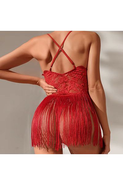 Nightlight Women's Red Lace Detailed Fancy Tassel Nightgown Set
