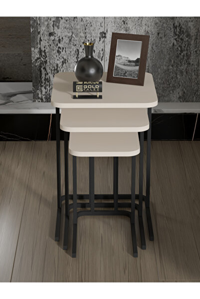 GOLDFALEZ Zigon Sehpa Metal Ayak 3'Lü Koltuk Yan Sehpa Zino Krem