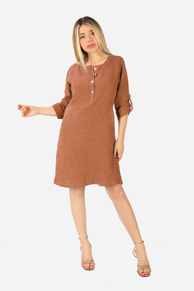 BALİNS Keten Midi Elbise Kahverengi