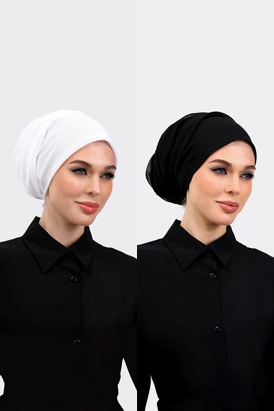 Loggia Inner Headscarf 100% Cotton 2-Piece Black and White Embroidered Edges 90X90 cm Cheesecloth Hijab Writing Headscarf