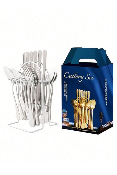 COOYA 24-Pieces Silver Spoon knife Cutlery Set, With Rack, Stainless Steel, for 6 People Use