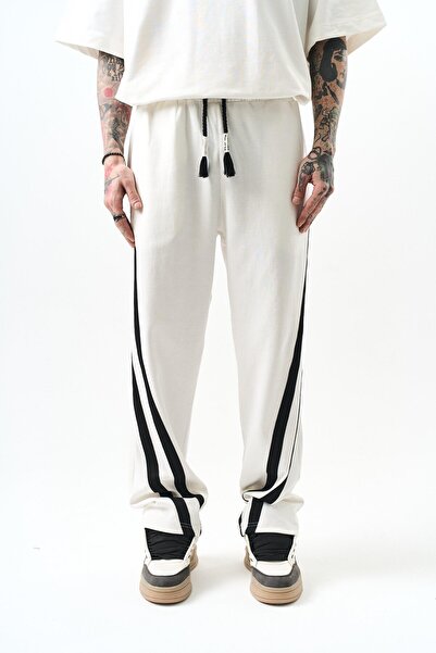 Respire Men's Oblique Stripe Detailed Interlock Baggy Sweatpants Ecru