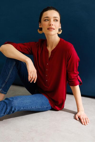 Desen Triko Women's Buttoned Combed Cotton Blouse with Opening Collar and Cherry