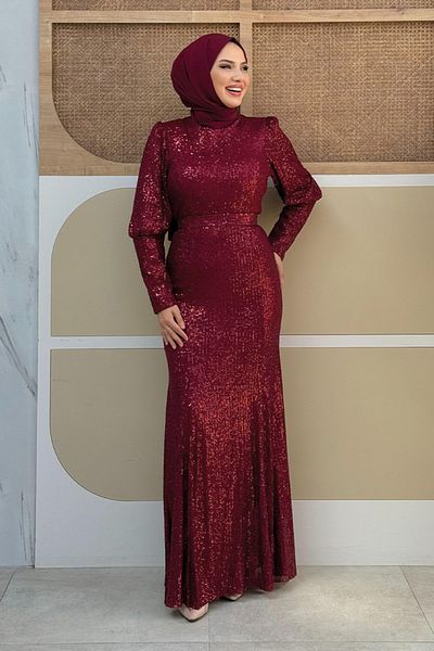 Bym Fashion Βραδινό φόρεμα με παγιέτες Fish με αξεσουάρ ζώνης 3858 Βουργουνδία