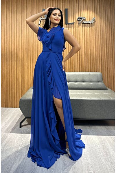 asl touch Derin Sırt Dekolteli, Kristal Bağcıklı, Yırtmaçlı Volan Detaylı Şifon Gece Elbisesi