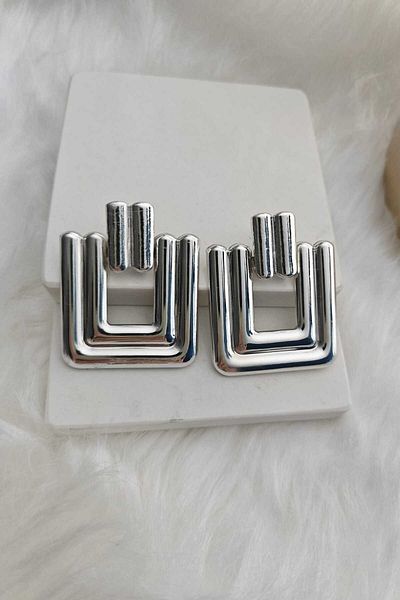 KYOLA DESİGN Big Stripe Square Silver Color Women Earrings