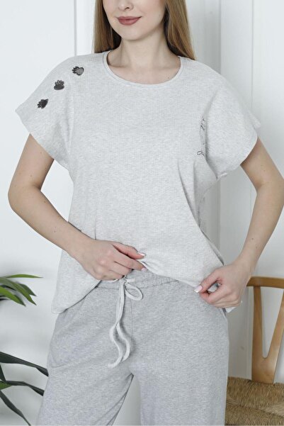 Nicoletta Kadın Pijama Takımı Kısa Kollu Kaşkorse Salaş Cepli GRİ