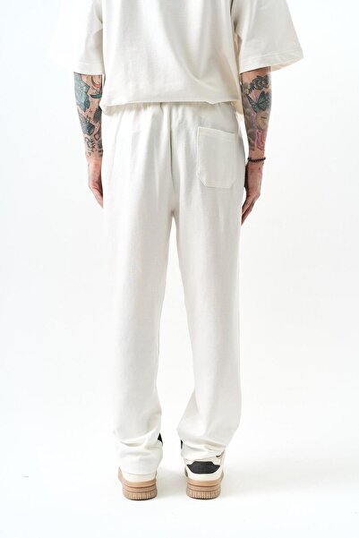 Respire Men's Oblique Stripe Detailed Interlock Baggy Sweatpants Ecru