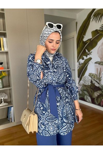 Aselim Hijap Moda Spring Cotton Shirt Pattern Crepe Pants Suit Blue