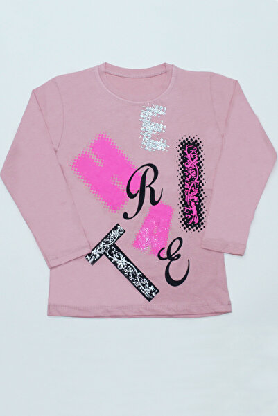 HÇM تيشيرت بناتي بأكمام طويلة وطبعة حروف ترتر وياقة دائرية
