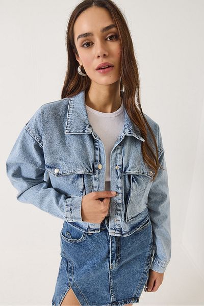 Bianco Lucci Jachetă de denim crop cu buzunar lat pentru femei 60261499