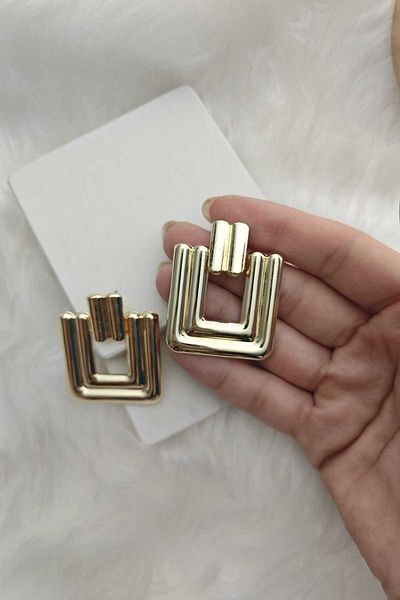 KYOLA DESİGN Large Stripe Square Gold Women's Earrings