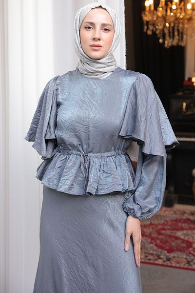 giyze Gathered Waist Skirt Suit Gray 2096