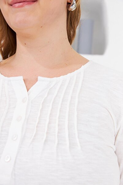 RMG Large Size Ecru Collar Ribbed Blouse