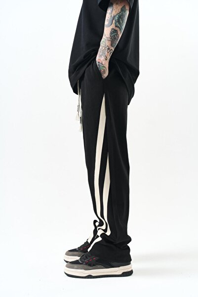 Respire Men's Oblique Stripe Detailed Interlock Baggy Sweatpants Black