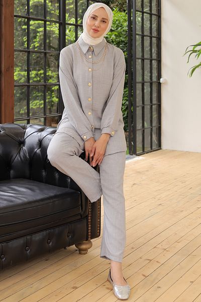 giyze Button Detailed Double Suit with Accessories Gray 4015