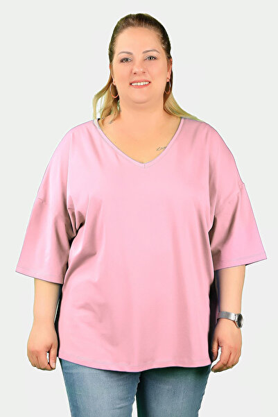 BALİNS Büyük Beden Kadın V Yaka Süprem Tişört Pembe