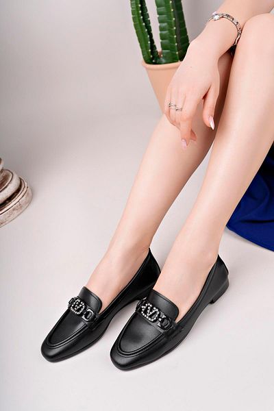 Aymood Mocasin de damă Mocasin Casual cu cataramă Pantofi de zi cu zi Elegant și confortabil E piele neagră
