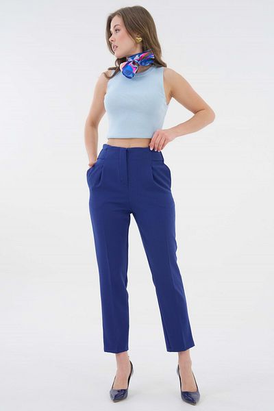 Saade Navy Blue Pleated Carrot Cut Belt Detailed Trousers