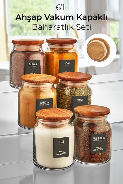 Kitchen Life Myrina Labeled 6-Piece Wooden Vacuum Lidded Spice Jar Set 300ml X6