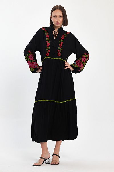 Denismoda Γυναικείο φόρεμα με μανίκια με κορδόνια και μπαλόνι με λεπτομέρεια