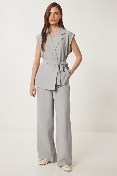 Lovelyİstanbul Ζώνη τεμάχια Γιλέκο Palazzo Υφαντό Σετ ΓΚΡΙ LBY0003