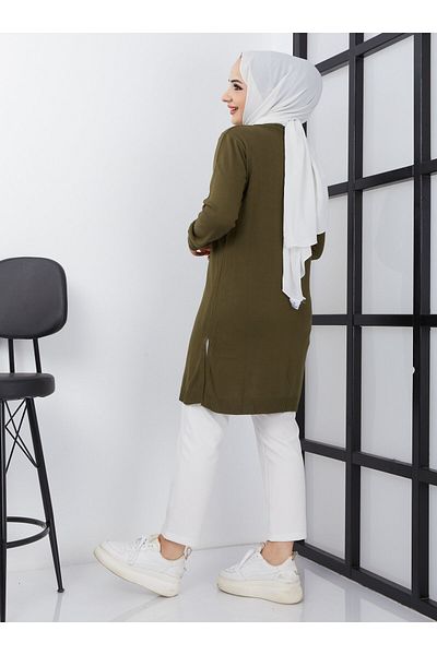 SAHRA BUTİK Daisy Embroidered Pearled Knitwear Tunic - Khaki- Sahra Boutique