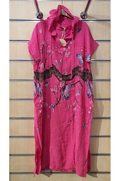 Park Moda İtalyan Keten Elbise Kelebek Desen Kapüşonlu