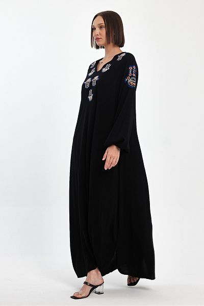 Denismoda Rochie lungă din viscoză pentru femei, cu decolteu în V, cu mâneci cu balon