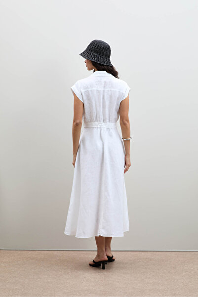 Serianno %100 Keten Düğme Detaylı Gömlek Elbise