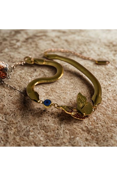 Mia Butterfly and Evil Eye Bead Detailed Italian Chain Steel Bracelet