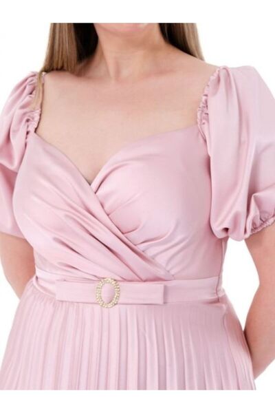 akkanatbutik Plus Size Powder satin Midi Dress - Short Sleeve