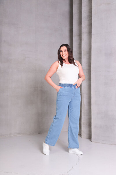 Genel Markalar Palazzo Kadın Kot Pantolon Beli Lastikli Yüksek Bel Likralı Bü...