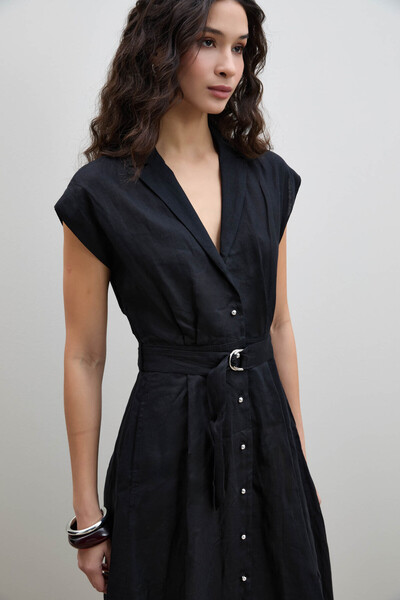 Serianno %100 Keten Düğme Detaylı Gömlek Elbise