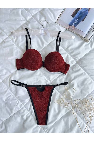 SİLVER MİRROR Women's Bra Suit with Support Metal Accessories Glitter