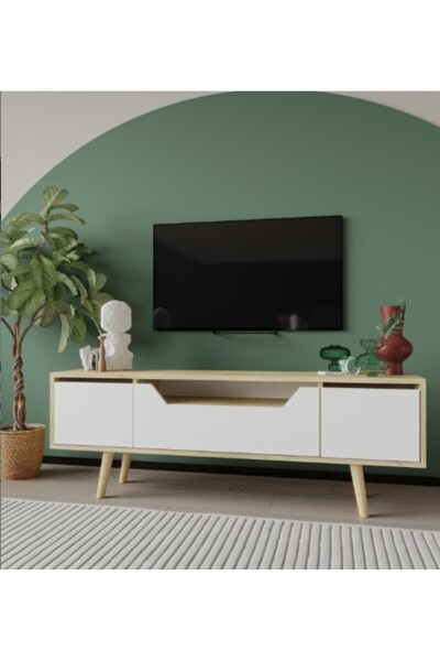 VM VERTEX MOBİLYA Roma Ahşap Ayaklı Tv Ünitesi Tv Sehpası Safir Meşe-Beyaz 150 Cm