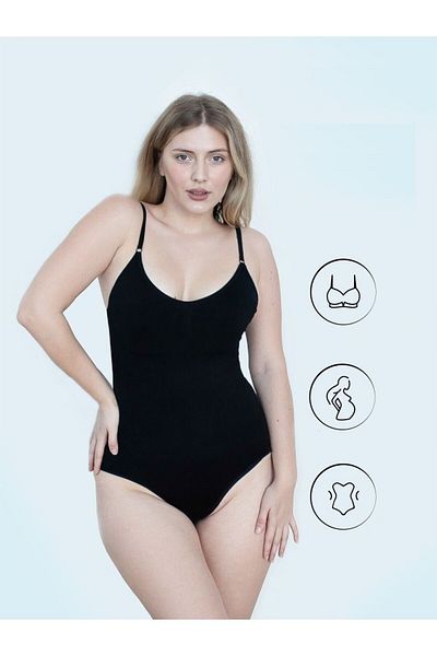 MİSTİRİK Mamey Model Snap Fastener Bodysuit Corset Body Shaper Black Color6