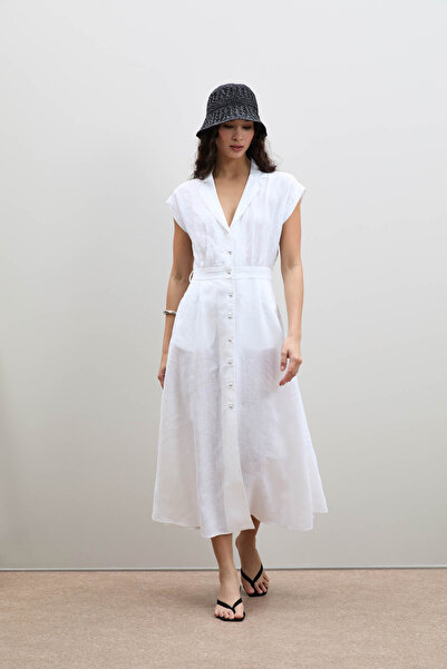 Serianno %100 Keten Düğme Detaylı Gömlek Elbise