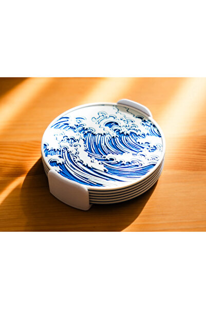 Genel Markalar Dalga Desenli Bardak Altlığı Seti – 3’lü + Stand | Japon Esint...