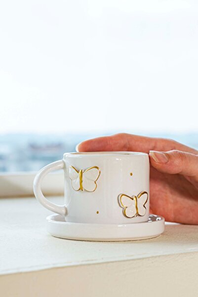 Rivaİstanbul Gold Kelebek Amore El Yapımı Seramik Double Kahve Fincanı Mug Kupa