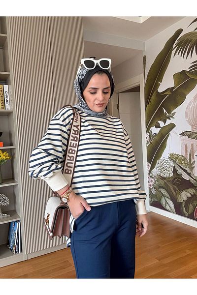 ASEL FASHİON Navy Blue Striped Sweat and Balloon Sleeve Double Set
