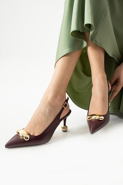 Güllü Shoes Burgundy Matte Vegan Leather 7cm Thin Heeled Stiletto |   Gold Detailed Stylish Women's Office Evening Dress Casual Shoes